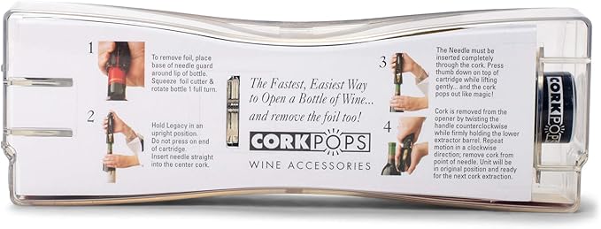 Cork Pops Legacy Wine Opener Built-in 4-Blade Foil Cutter Safe Cork Removal, Effortless Push Button Use, Needle Guard for Safety, Low-Pressure Cartridge Opens Up To 60 Bottles