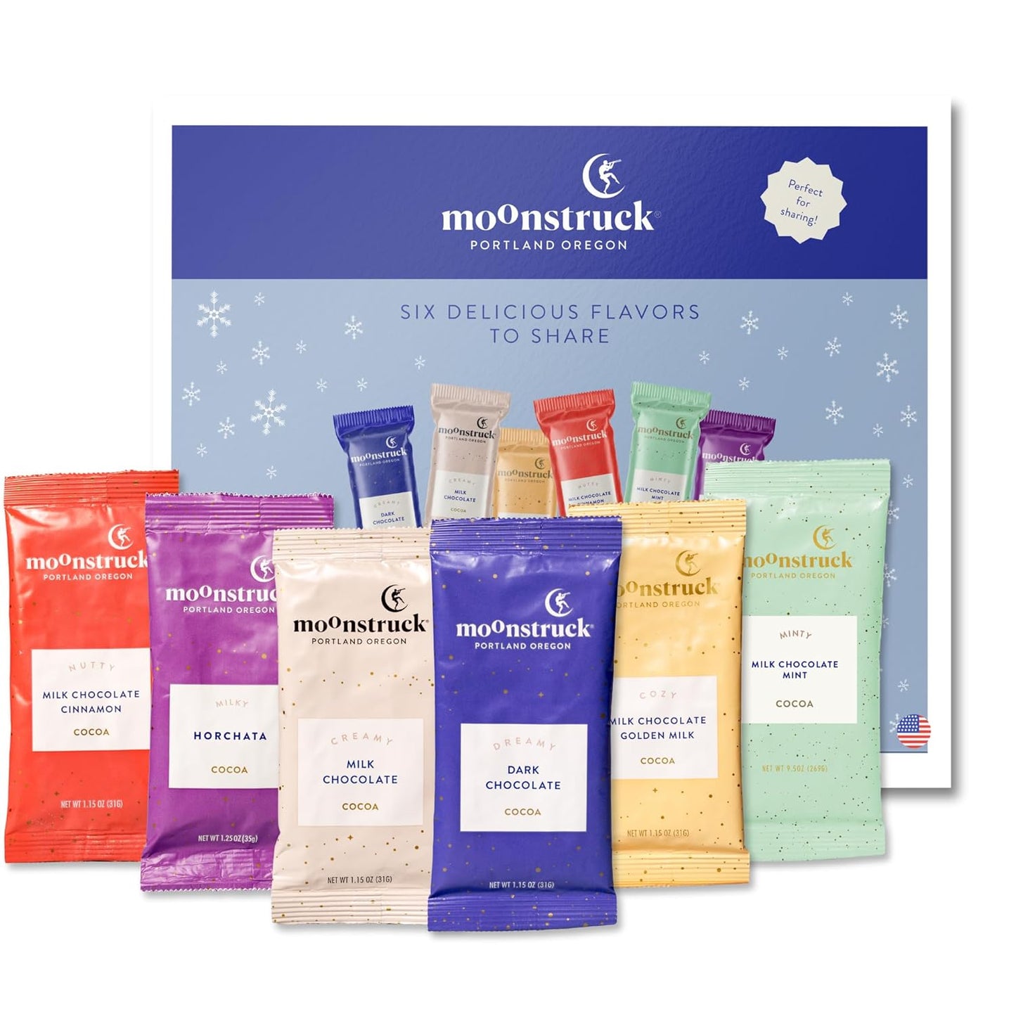 Moonstruck Chocolate Hot Chocolate Mix Variety Pack - Contains 6 Flavors: Milk Chocolate Cocoa, Dark Chocolate Cocoa, Milk Chocolate Cinnamon Cocoa, Mint Chocolate Cocoa, Milk Chocolate Ginger and Turmeric Cocoa, and White Chocolate Horchata Cocoa