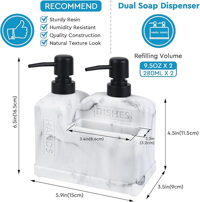 Kitchen Hand Soap and Dish Soap Dispenser Set,Dual Soap Dispenser with Sponge Holder 3-in-1 Organizer for Kitchen Sink,Bathroom,Useful Kitchen Gadgets - White Marble Look