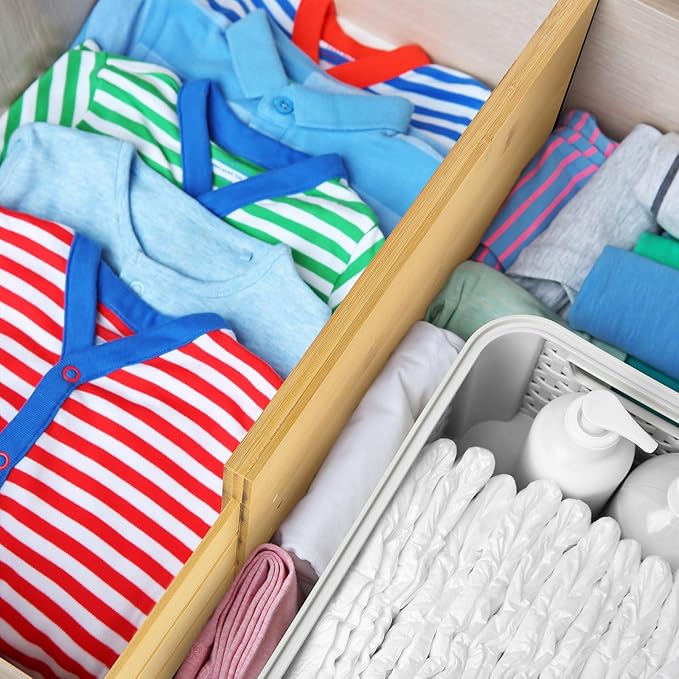 DoubleFill 4 Pcs Deep Bamboo Drawer Dividers, Deep Kitchen Dresser Drawer Organizer with Spring Loaded for Clothes, Adjustable Expandable from 15-22 Inch (Wood Color,6 Inch)