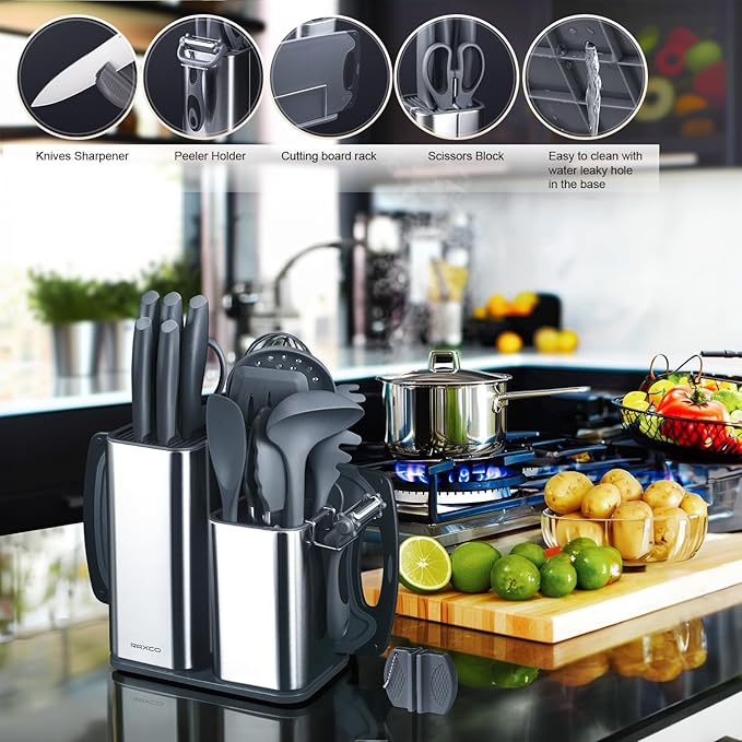 RAXCO Kitchen Set,7-Piece Cooking Utensils,5-Piece Kitchen Gadgets,6-Piece Knife set,Gray