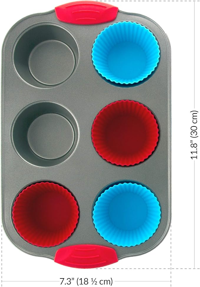 Boxiki Kitchen Duo: Non-Stick Steel Jumbo 6-Cup Muffin Pan with Silicone Handles & Reusable Liners + 10-inch Nonstick Springform Pan with Silicone Handles.