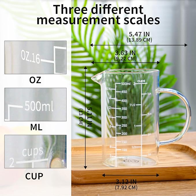 77L Glass Measuring Cup, [Insulated handle, V-Shaped Spout], High Borosilicate Glass Measuring Cup for Kitchen or Restaurant, Easy To Read, 500 ML (0.5 Liter, 2 Cup)