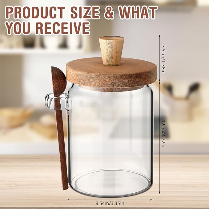 Remerry Set of 4 Glass Jar with Wooden Lid and Spoon, Clear Airtight Spice Canisters Glass Food Storage Kitchen Containers Set for Coffee Bean Tea Sugar (20 oz)