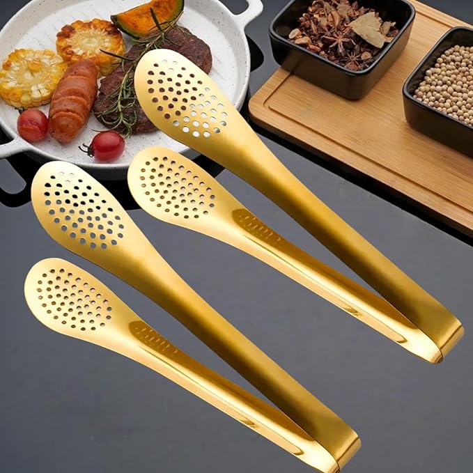 9 Inch Gold Buffet Tongs Set of 4, Stainless Steel Food Serving Utensils Tong for Cooking, Salad, Barbecue, Buffet, Toast