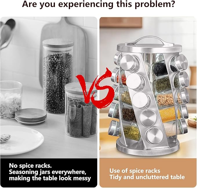 Portable Stainless Steel Spice Rack with 20 Spice Jars Included Revolving Spice Organizer for Kitchen Tower Storage Rack for Spices and Seasoning Silver