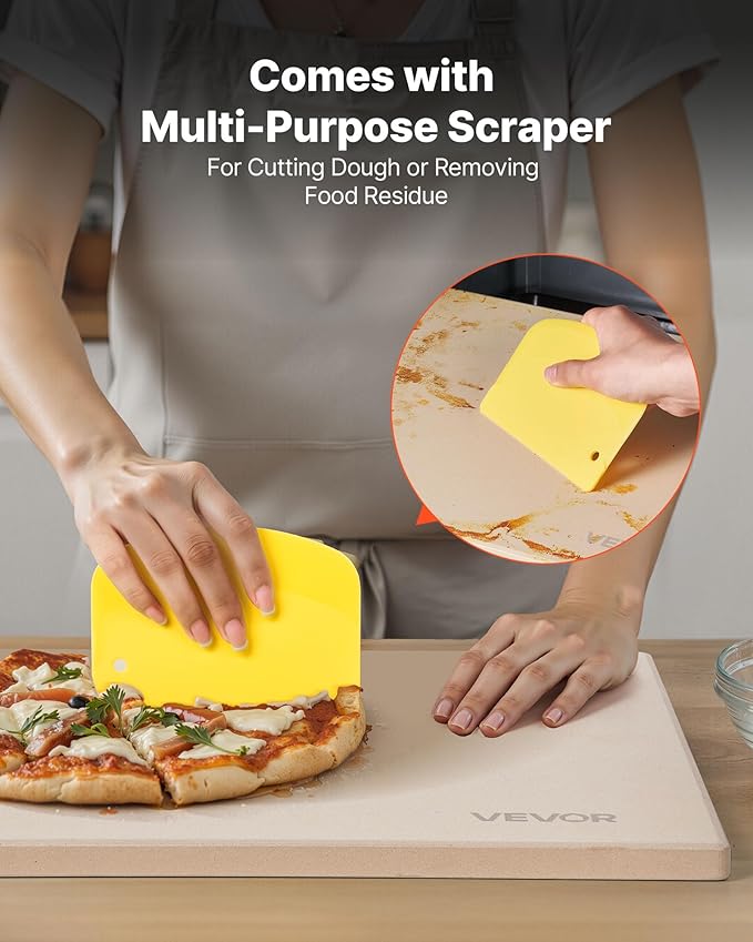 VEVOR Pizza Stone, 15 x 12 x 0.6 in Rectangular Cordierite Pizza Stone, Extra Large Baking Stone with Scraper, 1450℉ Heat-Resistant Bread Stone, for Kitchen Oven, Baking Bread & Pizzas, BBQ Grill