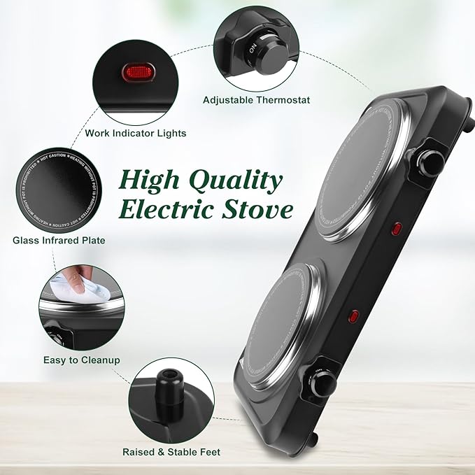 Electric Countertop Double Burner, 1800W Cooktop with Glass Hot Plate, Stepless Temperature Control, Easy to Clean, Indicator Lights, Compatible Cooking Stove for Office Home Camping RV