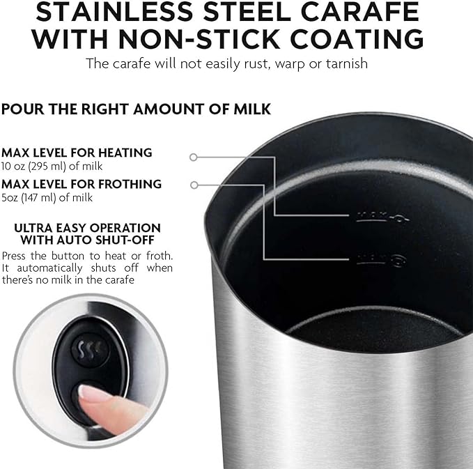 Ovente Electric Double Wall Insulated Milk Frother with 5 Ounce Frothing and 10 Ounce Heating Capacity, Hot or Cold Froth Function Available for Hot Latte, Cappuccino, and More, Silver FR4810BR