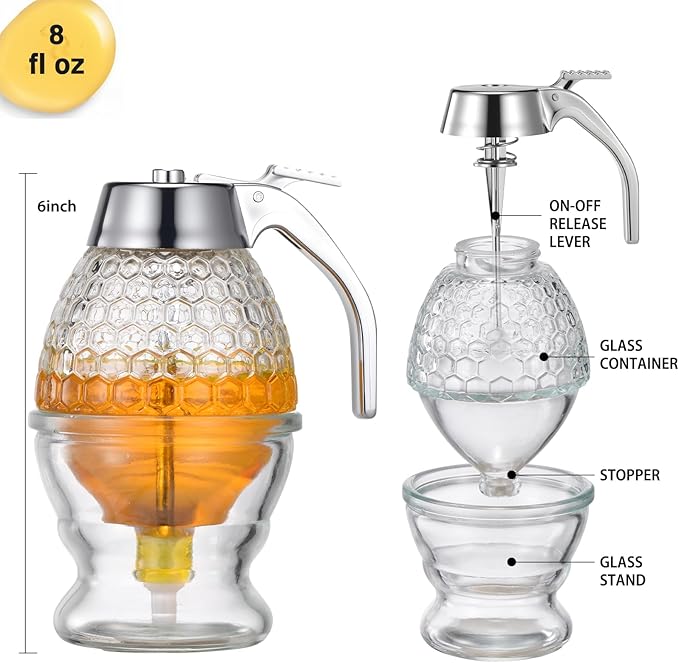 Glass Honey Dispenser 8 Ounces - Drip-Free Honey Jar With Glass Stand, Kitchen Leak-Proof Syrup Dispenser, Elegant Honeycomb Design For Storing Honey, Maple Syrup And Coffee Syrup