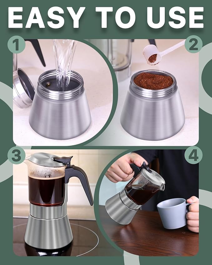 Grasseed Crystal Glass-Top Moka Pot, Polished Stainless Steel Stovetop Espresso Maker for Italian Coffee, Gift for Coffee Lovers - 6 Cup/240ml/8.4oz