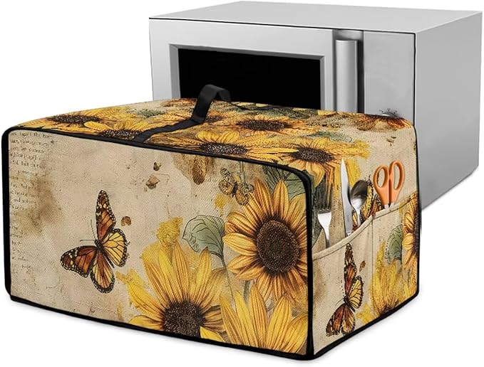 Convection Toaster Oven Cover with Pockets, Easy to Clean, Smart Microwave Baking Oven Dust Cover for Countertop, S, 14.5 x 18.5 x 9 Inches, Retro Sunflower Butterfly