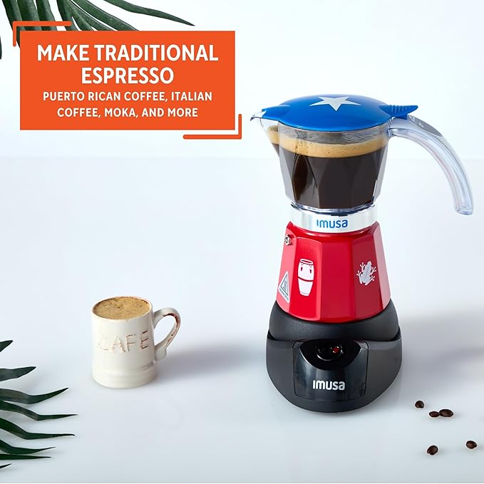 IMUSA Puerto Rico Boricua Flag Espresso Maker 6 Cup or 3 Cup | Limited Edition Moka Pot Coffee Maker | Cast Aluminum & Tritan Stovetop Espresso Machine | Traditional Puerto Rican Boricua Coffee Pot