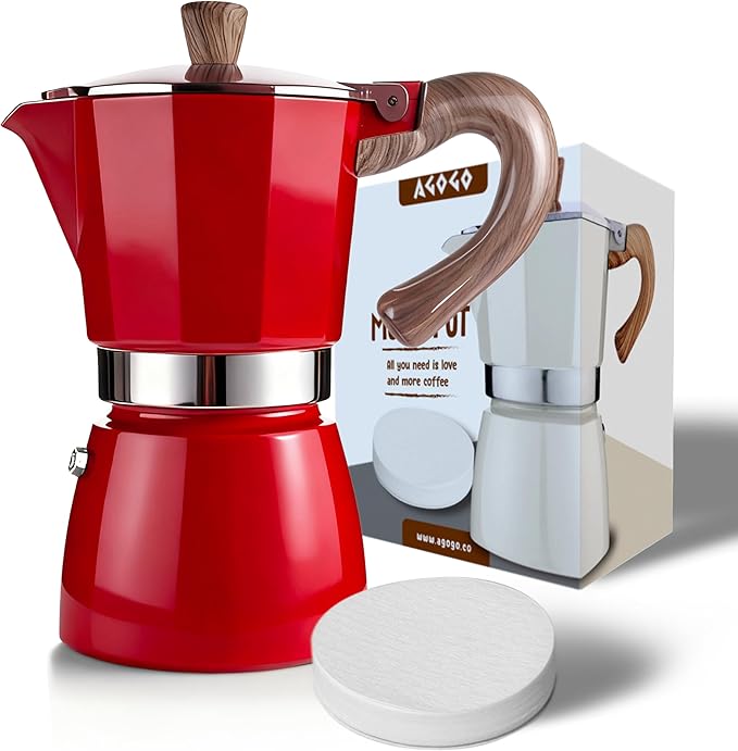 AGOGO Milano Moka Pot Stovetop Espresso Maker with 100 Paper Filters for Sediment-Free Coffee, Classic Italian Greca with Wood-Grain Handle,Cleaning Brush & Towel 6 Cup (10oz / 300ml) Red