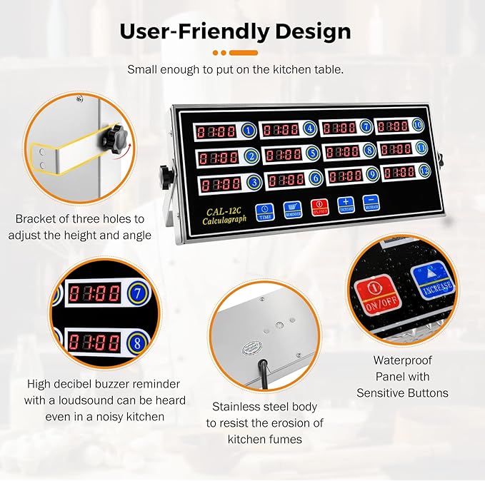 BEAMNOVA 12 Channels Digital Kitchen Timer for Cooking Loud Alarm Stainless Steel Clock Hours and Minutes Seconds Volume Control Electronic Calculator