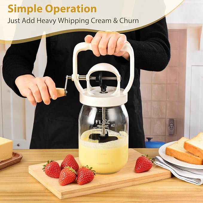 CAROD Classical Butter Churner, 1.5L Glass Jar with Hand Injury Prevention Device & Sifting Lid, 50oz Hand Crank Jar Maker Creates Fresh Homemade Butter within 15 Min, Ideal DIY Kitchen Gift