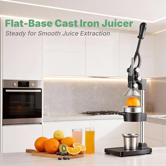 Cast Iron Juicer, 17"Tall & Sturdy Flat Base | Heavy-Duty Manual Hand Press Juicer For Orange Lemon Lime Pomegranate & Citrus, Orange Squeezer, Stainless Steel Cup, Easy to Clean, Black