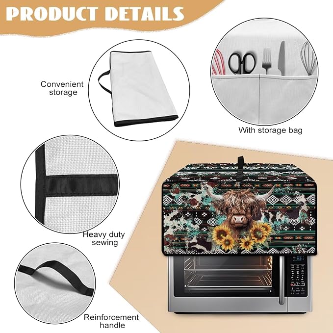 Toaster Oven Dust Cover Washable Fabric Convection Oven Cover Protector Compatible with Various Small Kitchen Appliances, L, Aztec Highland Cow Sunflower