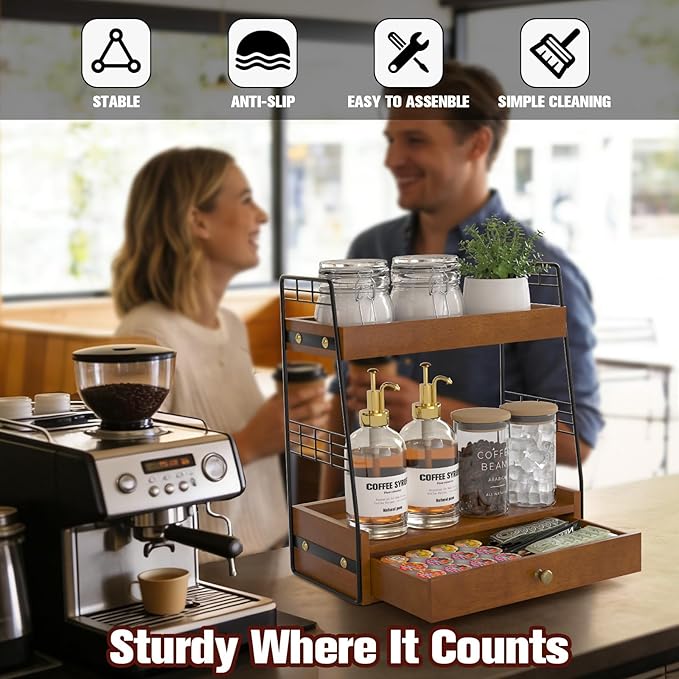 Coffee Bar Station Organizer with Built-In Drawer, 2-Tier Countertop Shelf for Tea Bags, Coffee Accessories, Syrup Bottles (Walnut)