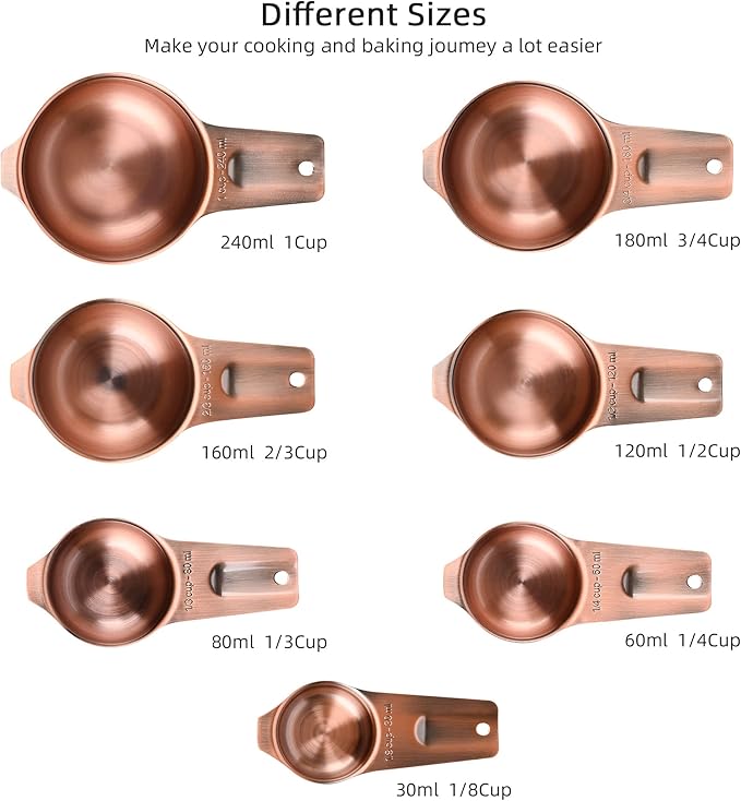 Copper Measuring Cups and Spoons Set 17, 7 Stainless Steel Measuring Cups&9 Long Hanlde Narrow Measuring Spoons for Spice Jar&Leveler, Kitchen Metric&US Measure Cup Spoons for Dry and Liquid