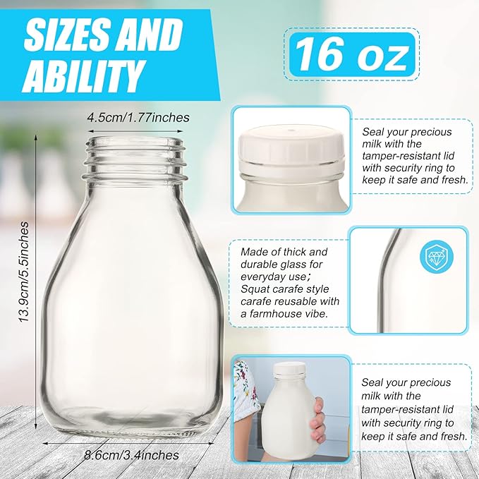 6 Glass Milk Bottles with Lids - 16oz, Reusable for Almond Milk, Coffee Creamer, Parties & Picnics