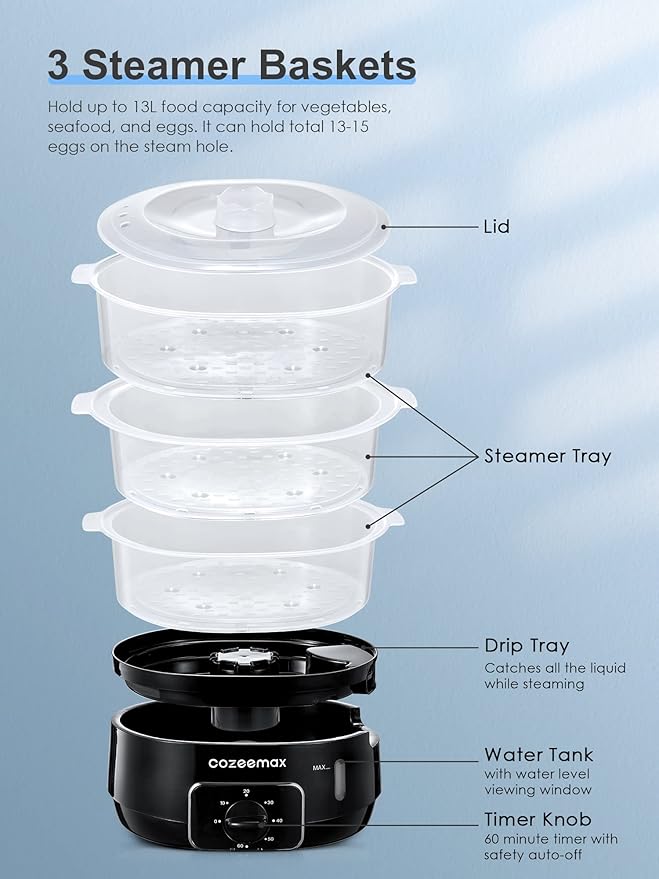 3 Tier Electric Food Steamer for Cooking, 13.7QT Vegetable Steamer for Fast Simultaneous Cooking, Veggie Steamer, Food Steam Cooker, 60 Minute Timer, BPA Free Baskets, 800W(Black)
