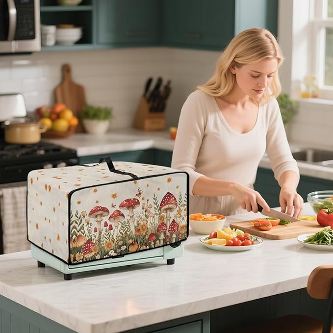 Air Fryer Toaster Oven Cover Fabric Convection Oven Cover with Pockets, Washable Small Appliance Dust Protection for Kitchen Home, L, 18.5 x 22.5 x 13 inches, Mushroom Floral
