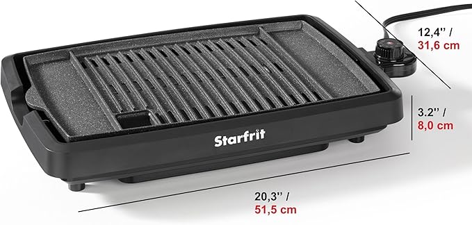 Starfrit The Rock Indoor Smokeless Electric BBQ Grill - Non-Stick 10" x 16" Cooking Surface - Adjustable Temperature