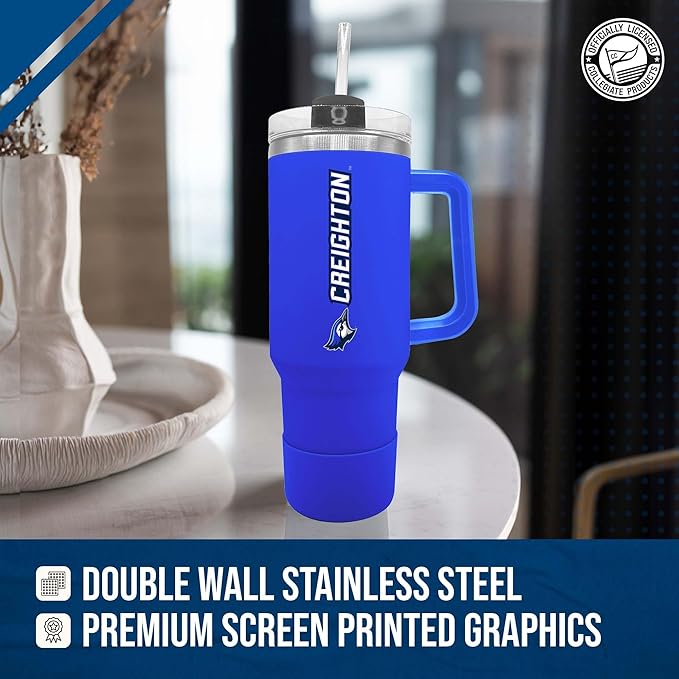 Campus Colors College & University 40 oz Travel Tumbler With Handle - Dual Option Lid With Straw - Vacuum Insulated Stainless Steel (Creighton Bluejays - Royal)