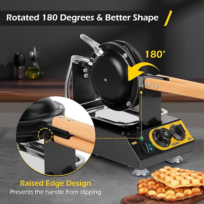 Dyna-Living Commercial Bubble Waffle Maker, 1400W Non-stick Egg Waffle Maker with Crumb Tray, 30 Egg Cones Heart Shape Hong Kong Style Bubble Waffle Machine, 180 Rotating