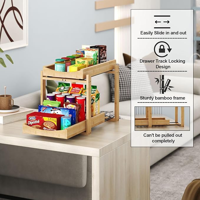 MHXW SXPN Bamboo Under Sink Organizer and Storage, Pull Out Cabinet Organization, 2 Tier Vertical Slide Out Undersink Storage Shelf, Organizer Shelves for Kitchen Bathroom Medicine (Natural, 2 Pack)