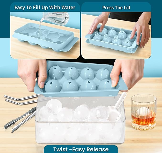 14 Grids Ice Cube Trays Set & 8 Circles Ice Cube Trays Set - 7 Trays, 2 Bins, 2 Scoops, 2 Tongs & 4 Straws