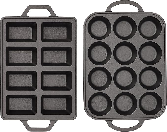Flavehc Cast Iron Muffin Pans 12 Cup and Cast Iron Mini Loaf Pans 8 Cavity Regular Size Cupcake Pan Pre-Seasoned Loaf Pans Molds for Baking