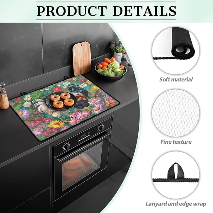 Rooster Print Induction Cooktop Mat Heat Resistant Glass Top Stove Cover Protector Glass Cooktop Covers Kitchen Flat Electric Stove Top Covers