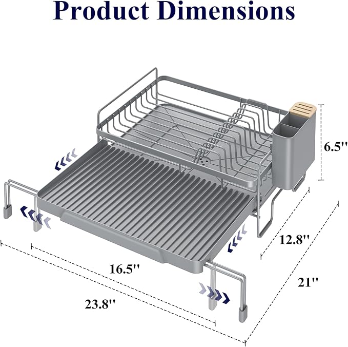 Kitsure Extendable Dish Drying Rack - Adjustable Length 12.8"–21.0", Auto-Draining Dish Rack for Kitchen Counter, Rust-Resistant Metal Frame Over-Sink Support for Plates, Bowls & Utensils, Grey