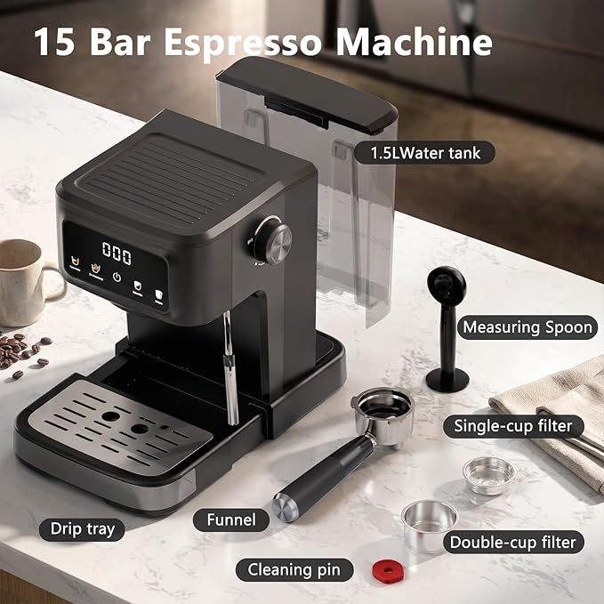 Kndko Espresso Machine, 15 Bar Digital Espresso Maker, Milk Frother Steam Wand for Latte & Cappuccino, Compact Coffee Machine, 1.5L Removable Water Tank, 2 cups dual-stainless steel filter