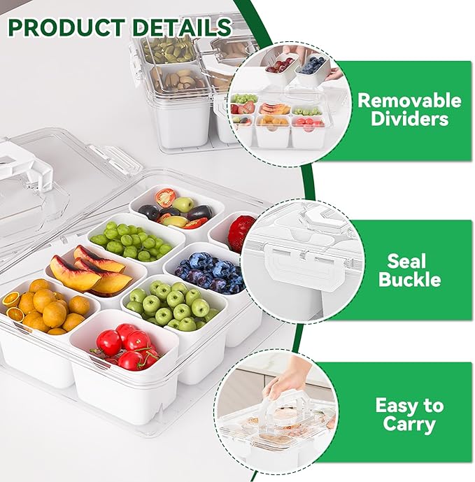 REBECAT Divided Serving Tray with Lid and Handles 8 Compartments Snack Box Container Charcuterie Organizer Snackle Box Container for Candy,Nuts，Fruits,Snacks,2 Pack,White