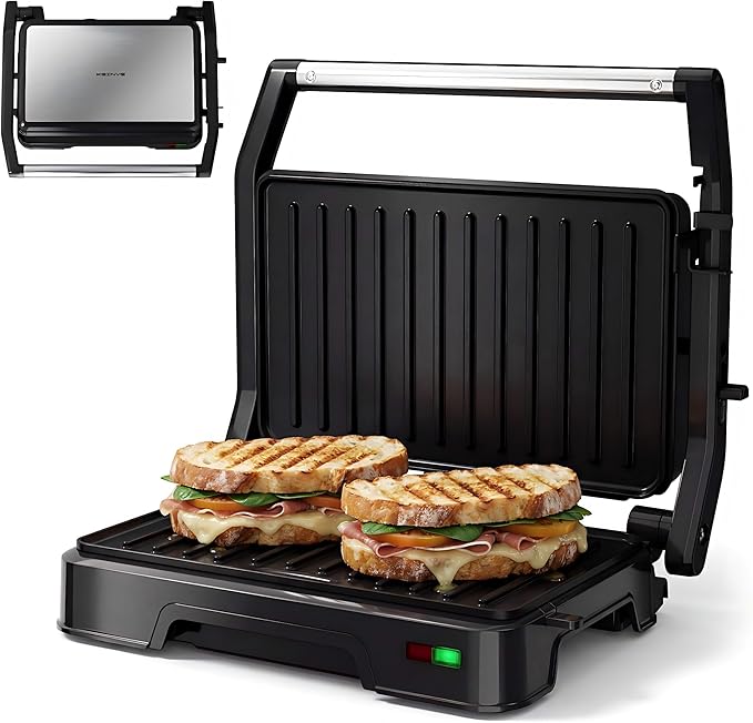 KEINVE Panini Press Grill & Sandwich Maker - 2-Slice, 180° Adjustable Hinge, 850W Electric Grill Non-Stick Cast Aluminum Plates for Panini, Steak, Bread & More, Easy to Clean, Perfect for Kitchen