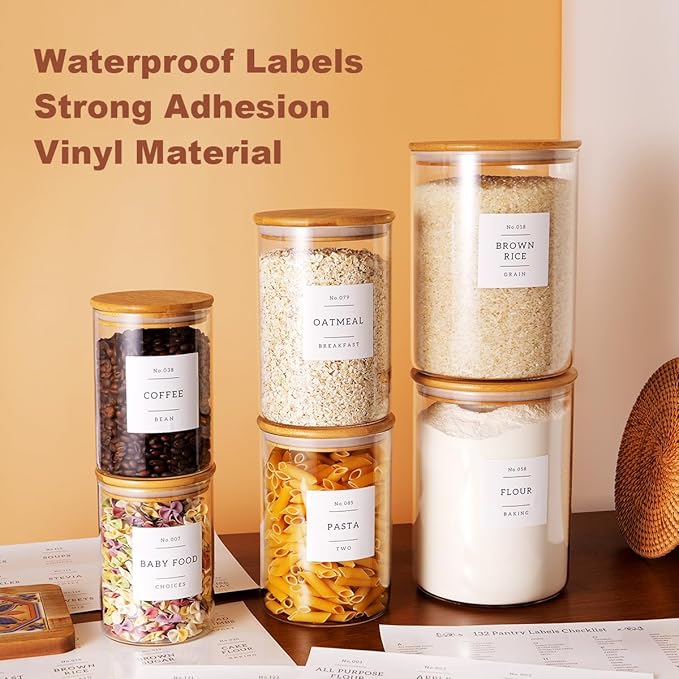 CZZGSM Set of 6 Glass Flour and Sugar jars with 132 Kitchen Pantry Labels - Thicken Large Glass Storage containers with Airtight Bamboo Lid - Rice Canisters for Salt Coffee - 100OZ/54OZ/27OZ