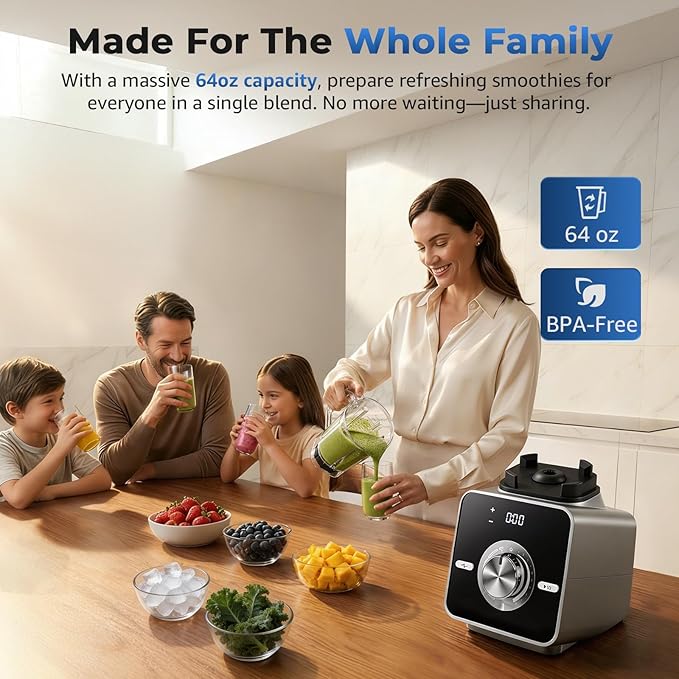 Home Blender, 2700W High-Speed Blender for Ice Crushing Power, Stainless Steel Blades, Kitchen Timer, 10 Speeds, 6 Programs for Smoothies, Frozen Drinks, Self-Cleaning, 64oz Bulk Production