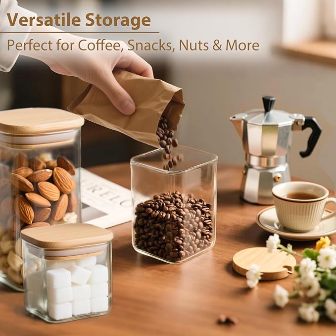 TBWIND 6 Pack Square Glass Storage Containers with Bamboo Lids (24oz/37oz/51oz) – Clear Food Airtight Canisters Sets for The Kitchen, Glass Jars for Coffee Beans, Coffee, Flour, Snacks, Spices