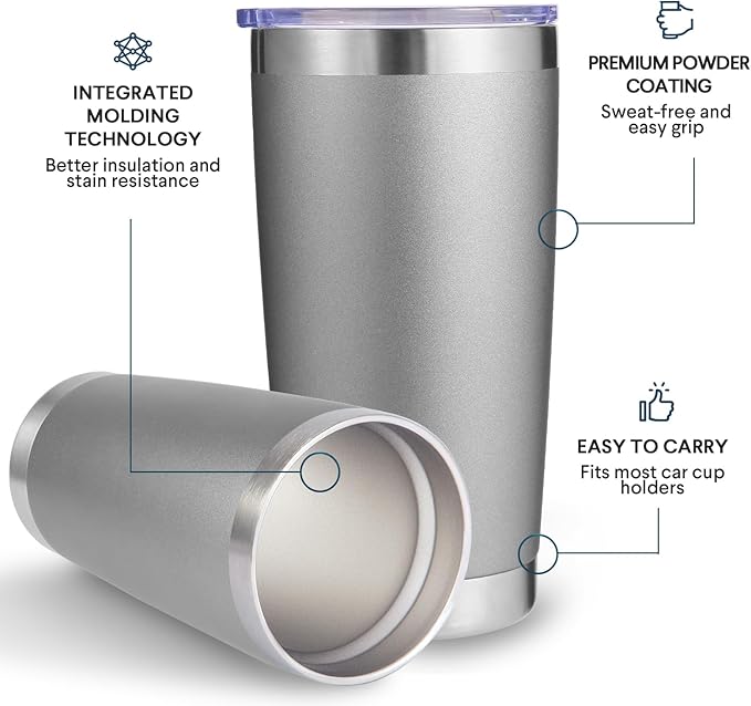 Volhoply 20oz Stainless Steel Tumbler with Lid and Straw Bulk 4 Pack,Double Wall Insulated Travel Iced Coffee Mug Fits Cup Holder,Powder Coated Cups for Hot/Cold Drinks,Christmas Gifts（Gray,4 Set）