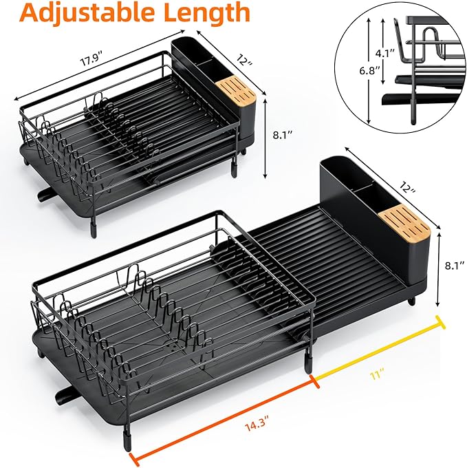 Urackify Large Dish Drying Rack, Expandable Dish Racks for Kitchen Counter, Multifunctional Dish Drainer with Utensil Holder & Cup Holder, 18.5"-26.7" L x 12.7" W, Black