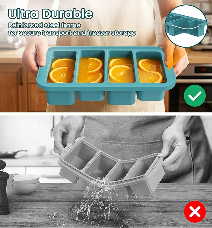 DOQAUS Silicone Freezer Molds, Reinforced Steel Frame 1 Cup Ice Cube Trays with Lid, 4-Cavity BPA-Free Soup Containers for Meal Prep, Kitchen
