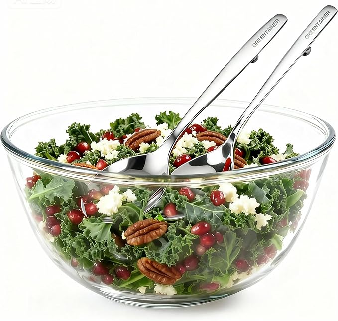Greentainer Large Glass Salad Bowl with Stainless Steel Fork and Spoon, 144OZ Salad Serving Bowl for Kitchen, 4.5QT Glass Mixing Bowl for Cooking, Baking, Prepping, Dishwasher & Microwave Safe