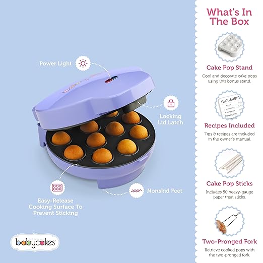 Babycakes Cake Pop Maker by Select Brands - Kit for Birthdays & More - Includes Decorating Stand & 50 Sticks - Features Non-Stick Coating - Makes 12 Cake Pops