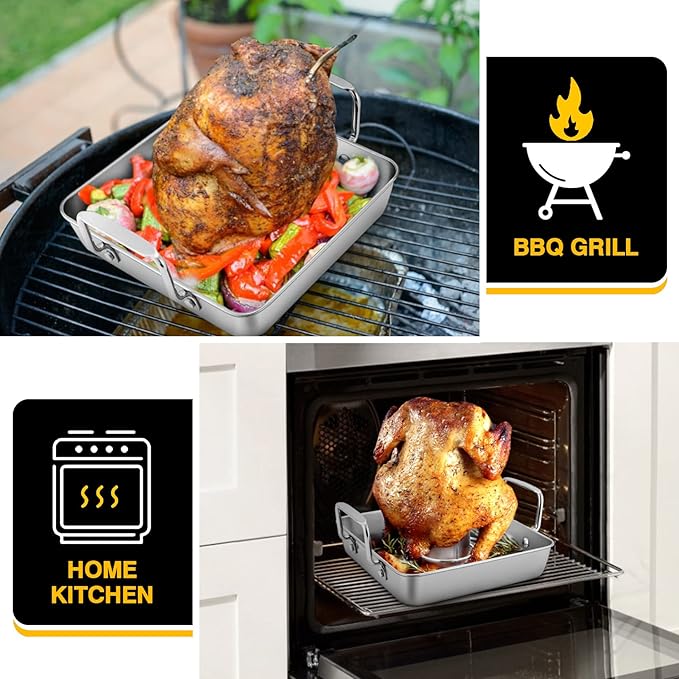 P&P CHEF Beer Can Chicken Holder with Roasting Pan Set, 9-inch Stainless Steel Square Baking Pan and Chicken Rack For Grilling, Heavy Duty & Dishwasher Safe, 2Pcs