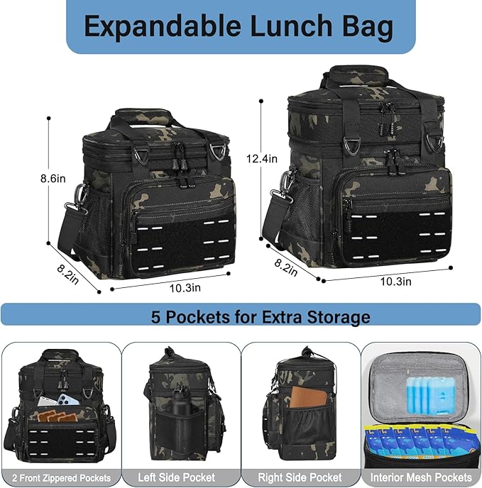 Lunch Box Cooler Bag - Insulated Tactical Lunchbox for Men - Large Lunch Pail or Adults Work Outdoor Shifts Trips Black Camo 16L