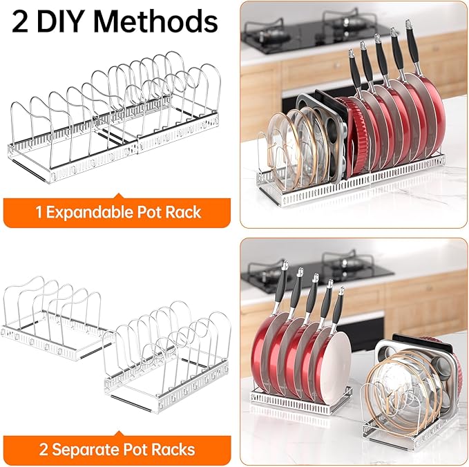 MUDEELA Pot Rack - Expandable Pots and Pans Organizer under Cabinet, Pot Lid Organizer Holder with 12 Adjustable Compartment, Kitchen Cabinet Organizer and Storage for Cutting Board, Skillets Pan