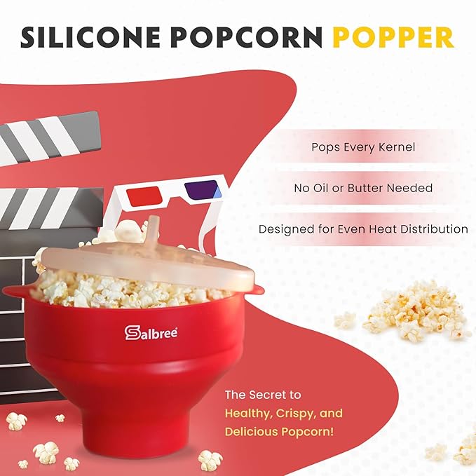 The Original Salbree Collapsible Silicone Microwave Popcorn Popper Maker Machine, Microwavable Bowl Holds 16 Cups, Uses Hot Air and Oil Always Optional - The Most Colors Available (White)